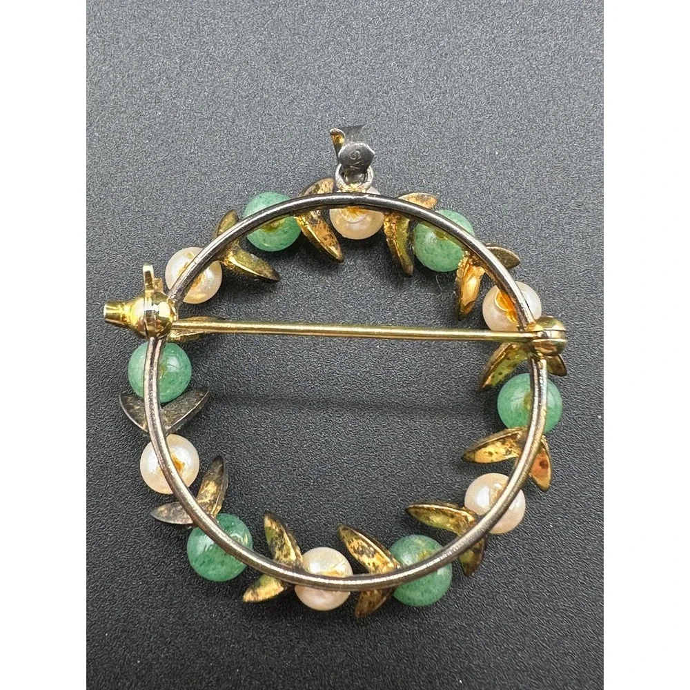 VTG 1940s 1950s Sterling Silver Jade Pearl Wreath Brooch Pendant